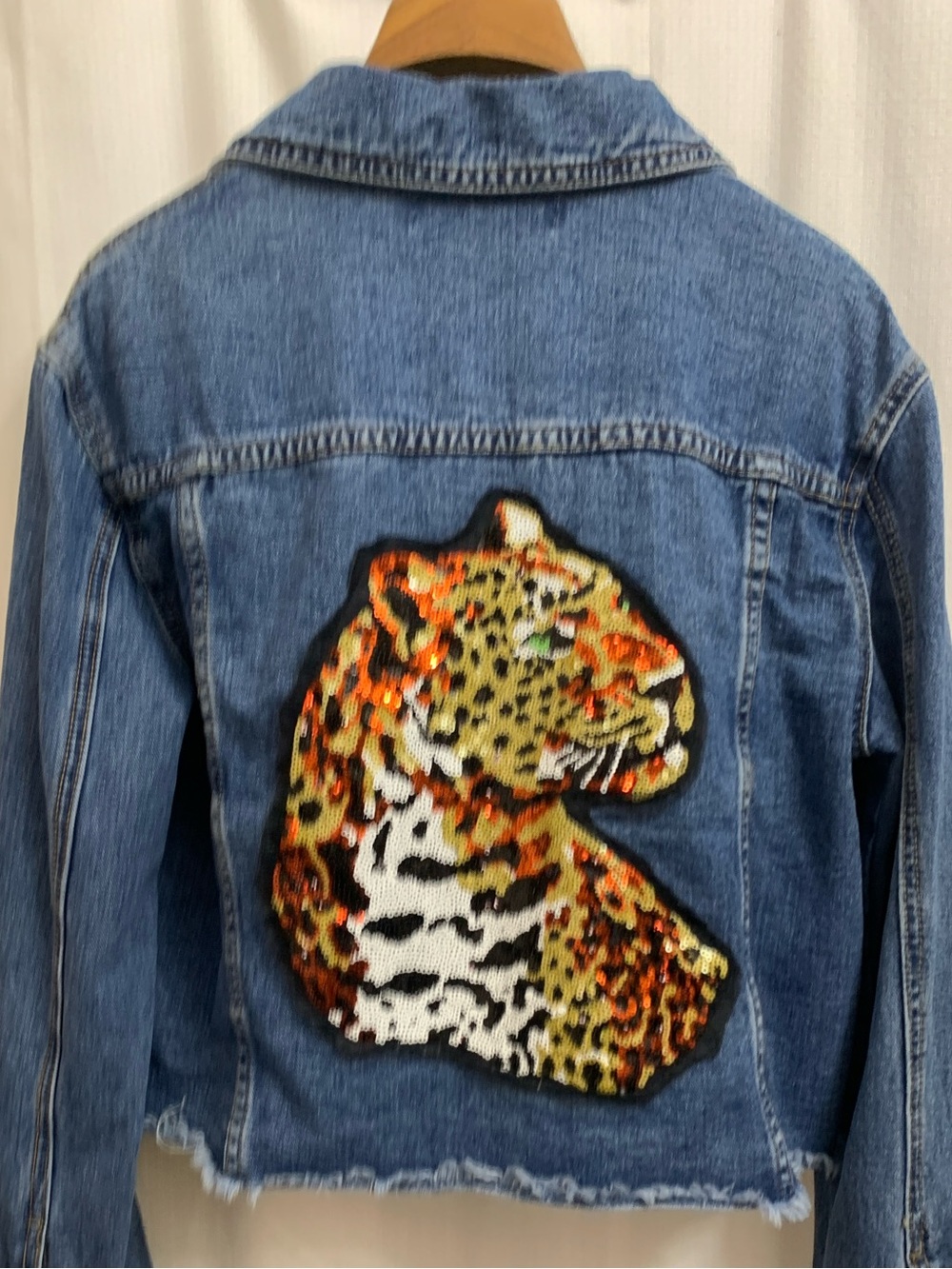 Vintage Embroidered Sequined Leopard Customized Blue Denim Jean Jacket